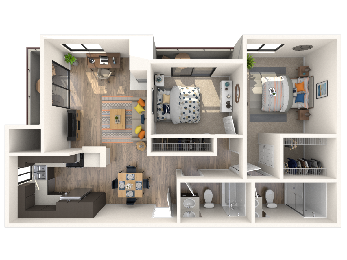 Floor plan for 2 beds, 2 baths, 847 sqft